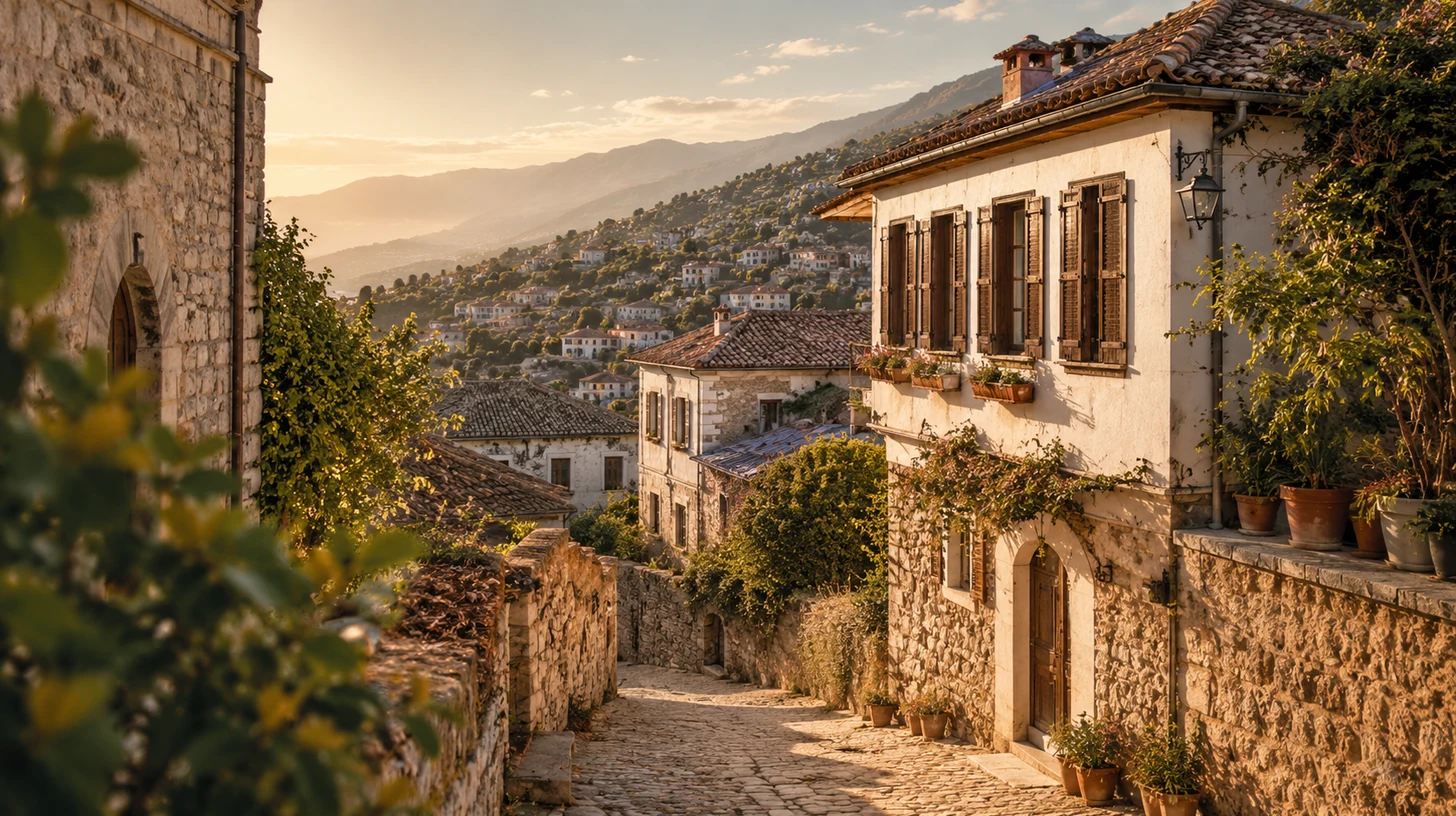 Qytet i vjetër shqiptar me shtëpi guri dhe rrugica historike